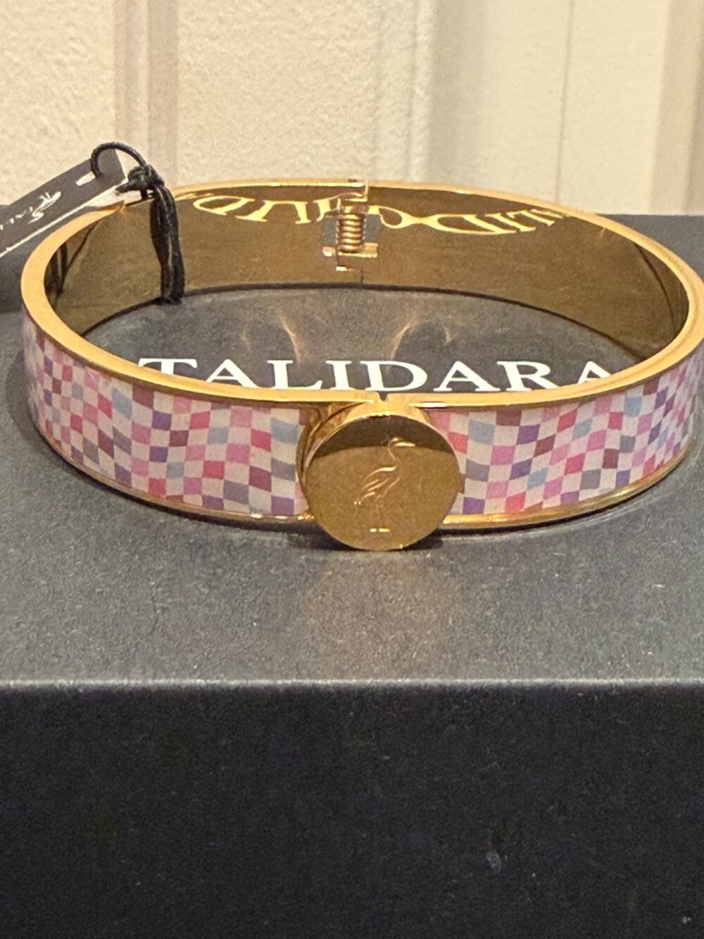 TALIDARA NWT Pink Purple Checkered Enamel Hinged Bangle Bracelet Gold Tone Bird